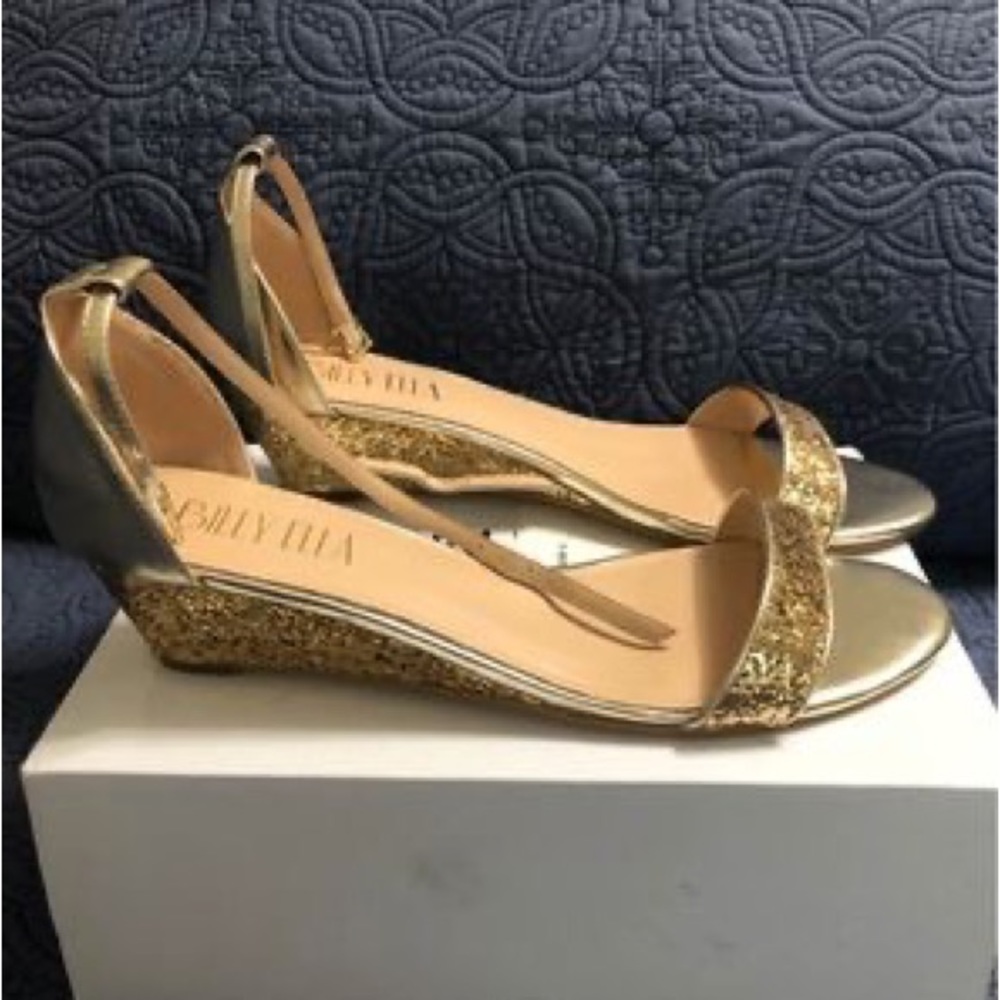 BHLDN Gold Glitter Wedge Sandals